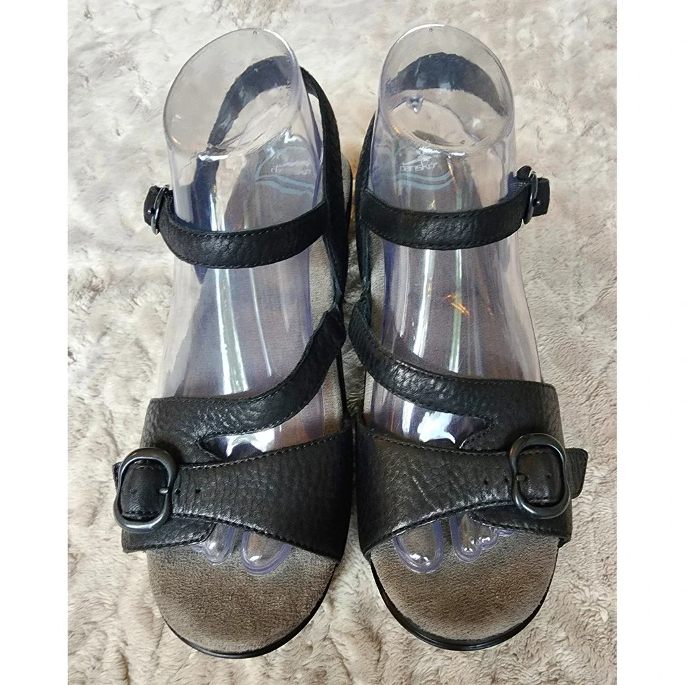 Dansko Black Pebbled Leather Wedge Sandals Strappy Slingback Buckle Shoes Eu 40